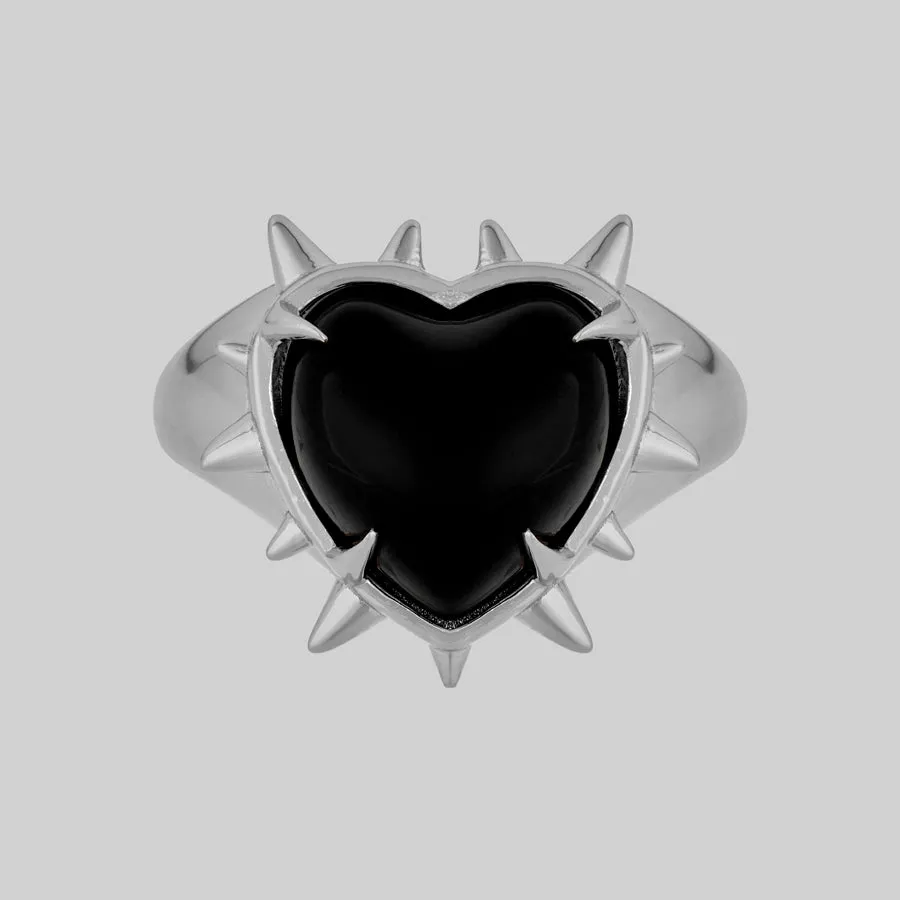 VOID. Spiked Black Glass Heart Ring - Silver