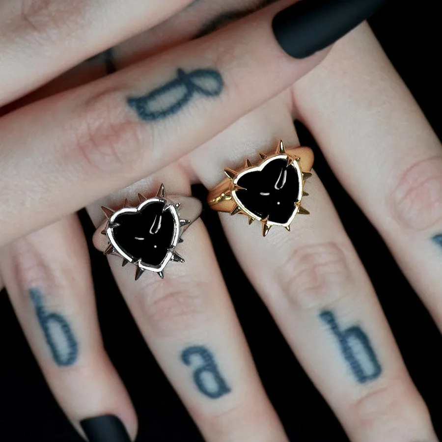 VOID. Spiked Black Glass Heart Ring - Silver