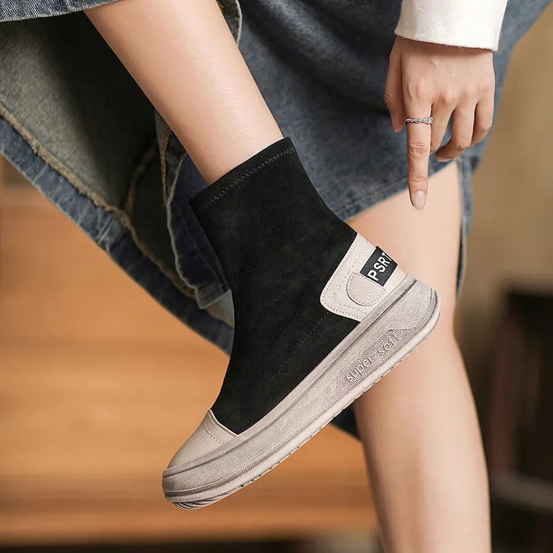 Women Minimalist Patchwork Elastic Canvas Flat Boots