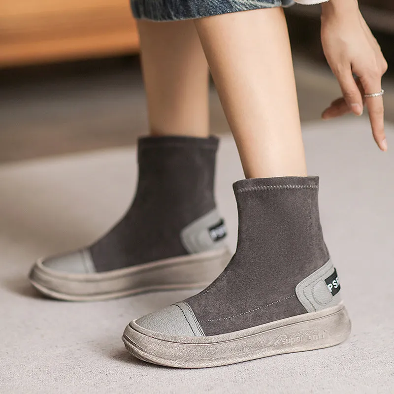 Women Minimalist Patchwork Elastic Canvas Flat Boots