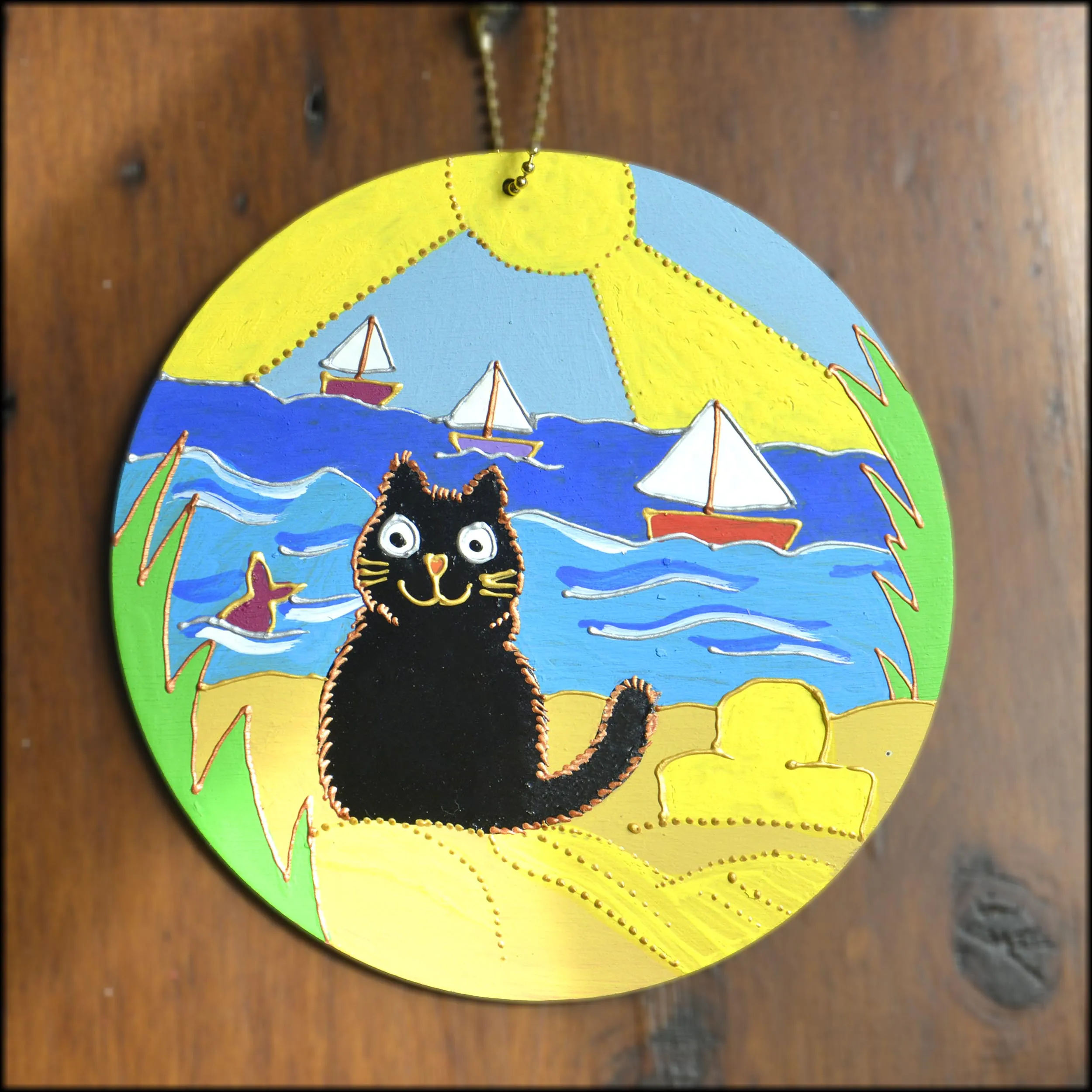 Wooden Wall Hanging - Cute Cat at the Seaside