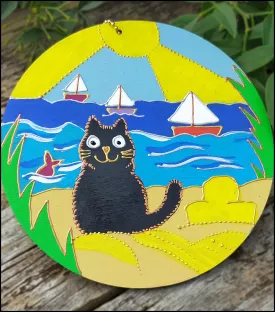 Wooden Wall Hanging - Cute Cat at the Seaside