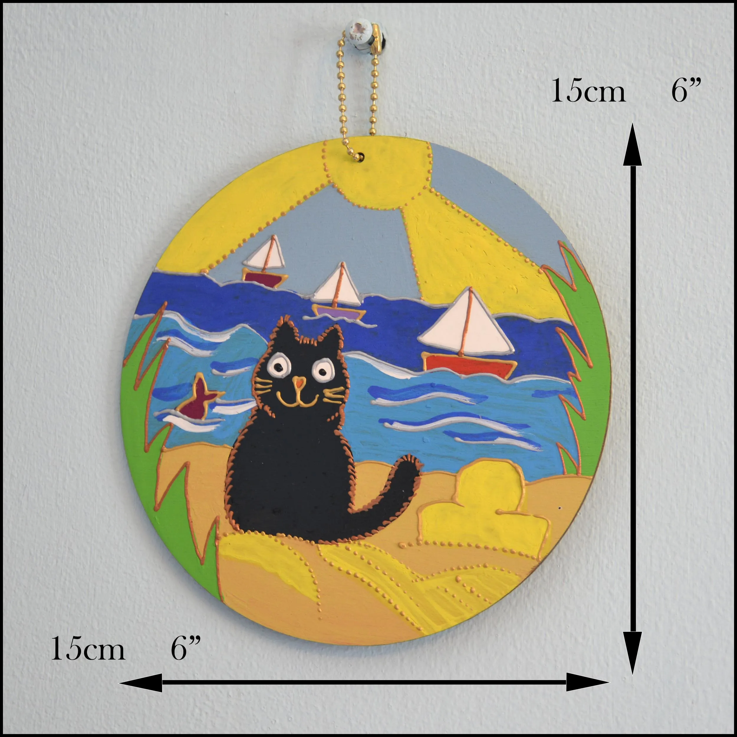 Wooden Wall Hanging - Cute Cat at the Seaside